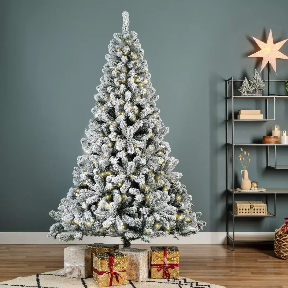 EMINZA Albero Di Natale Artificiale-Albero di Natale artificiale luminoso 200 LED H150 cm King Verde innevato