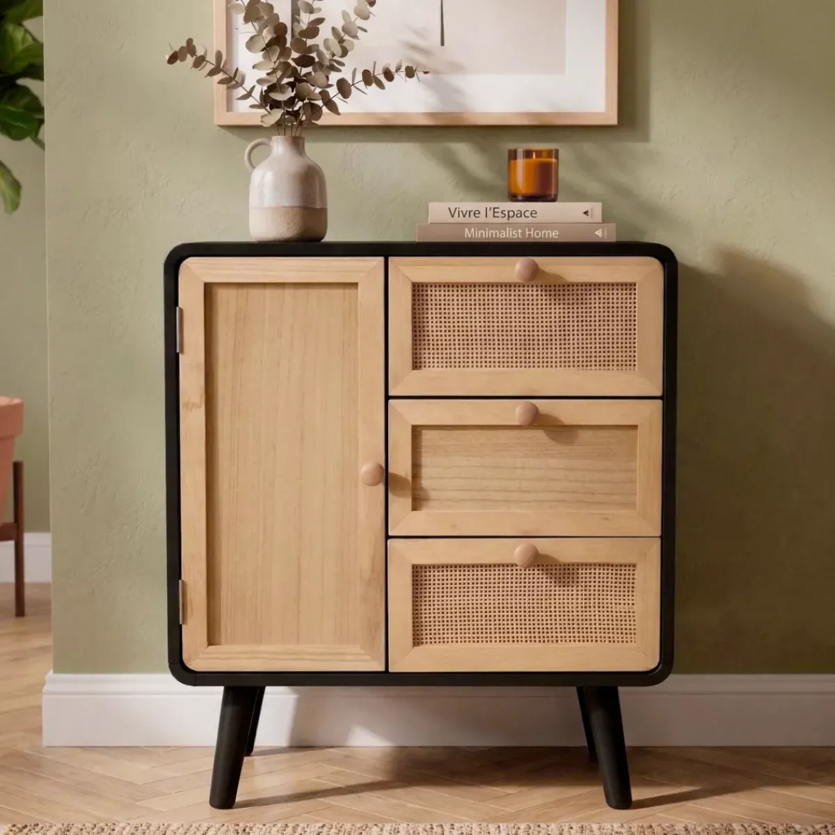 EMINZA Credenze E Cassettiere-Comò a cassetti in legno e canna (50 x 60 cm) Osaka