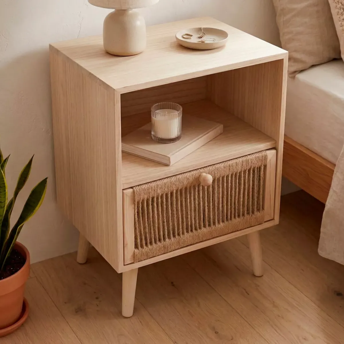 EMINZA Tavolini-Comodino legno e corda di canapa (Alt 55 cm) Manille vano a giorno
