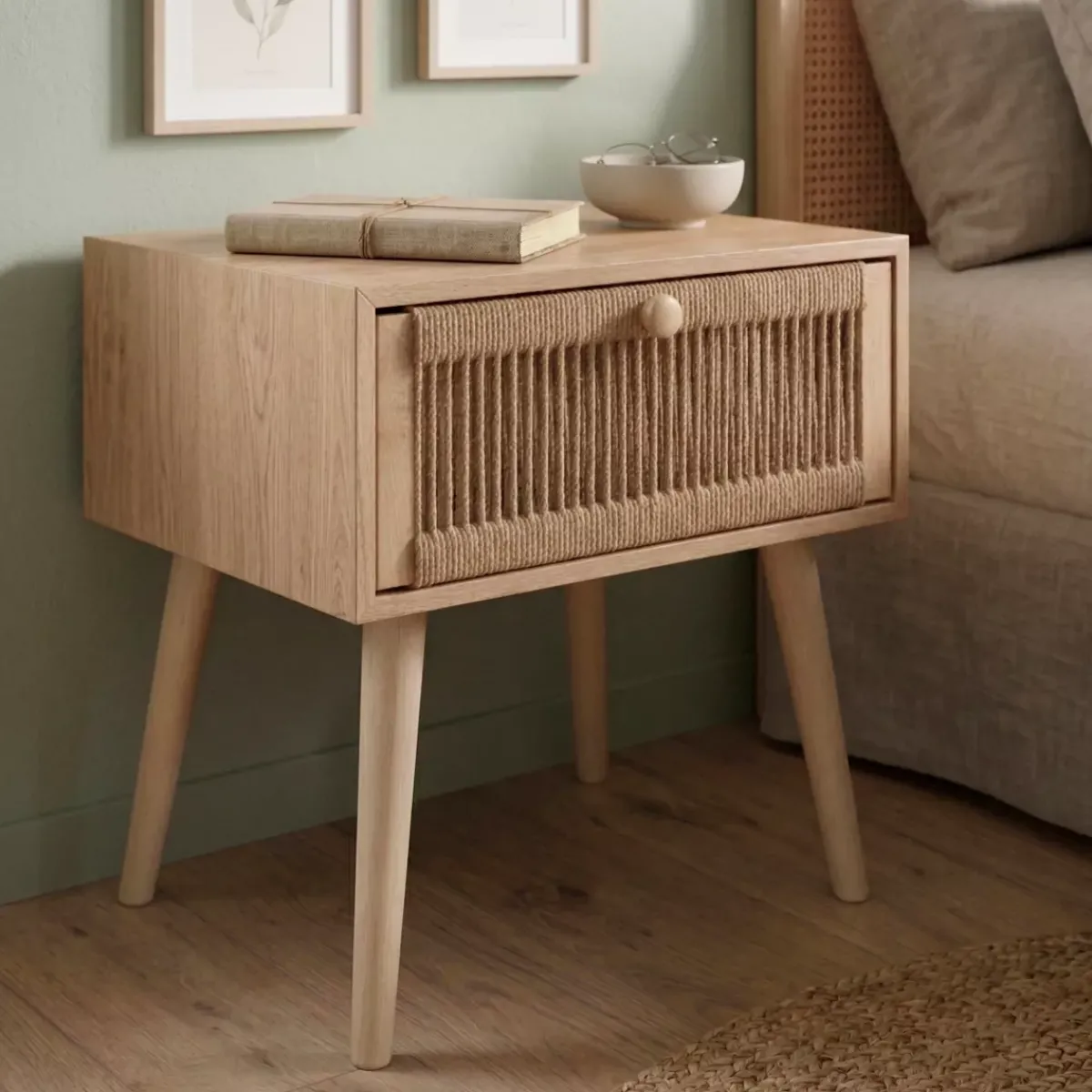 EMINZA Tavolini-Comodino legno e corde di canapa (Alt 58 cm) Manille cassetto