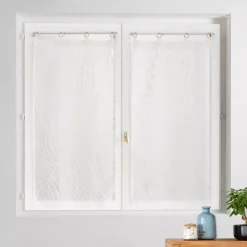 Coppia di tende trasparenti tessute con occhielli legno (60 x 160 cm) Minalisa Bianca