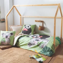 Copripiumino per bambini in cotone percalle (140 x 200 cm) Panda verde