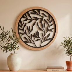 EMINZA Quadri & Decorazioni Murali-Decorazione murale rotonda in metallo (D60 cm) Foglie