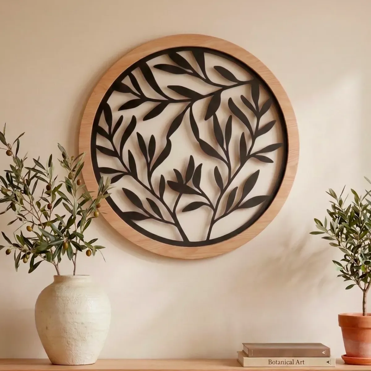 EMINZA Quadri & Decorazioni Murali-Decorazione murale rotonda in metallo (D60 cm) Foglie