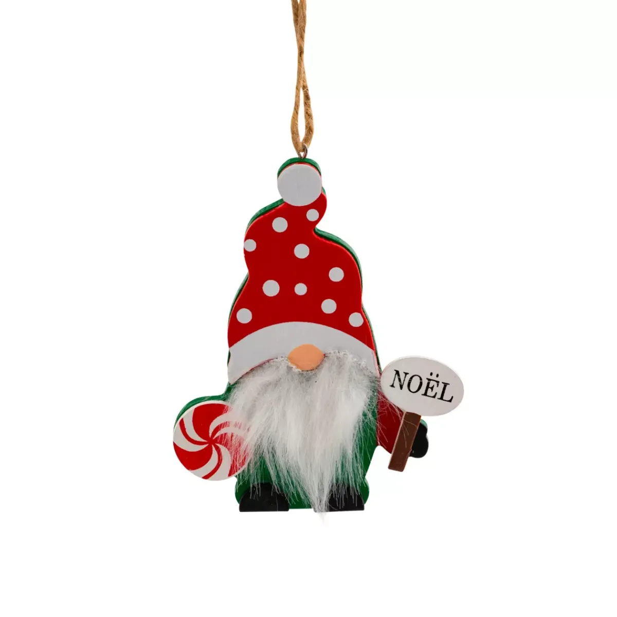 JJA Addobbi Natalizi-Decorazione natalizia da appendere in legno (H11 cm) Folletto con lunga barba Bianca
