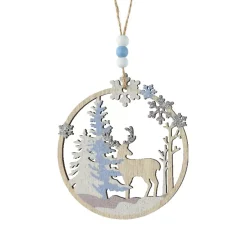 KAEMINGK Addobbi Natalizi-Decorazione natalizia in legno da appendere (D11 cm) Renna nel bosco Azzurro chiaro