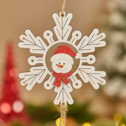 JJA Addobbi Natalizi-Decorazione natalizia sospesa in legno (D9 cm) Pupazzo di neve e fiocco