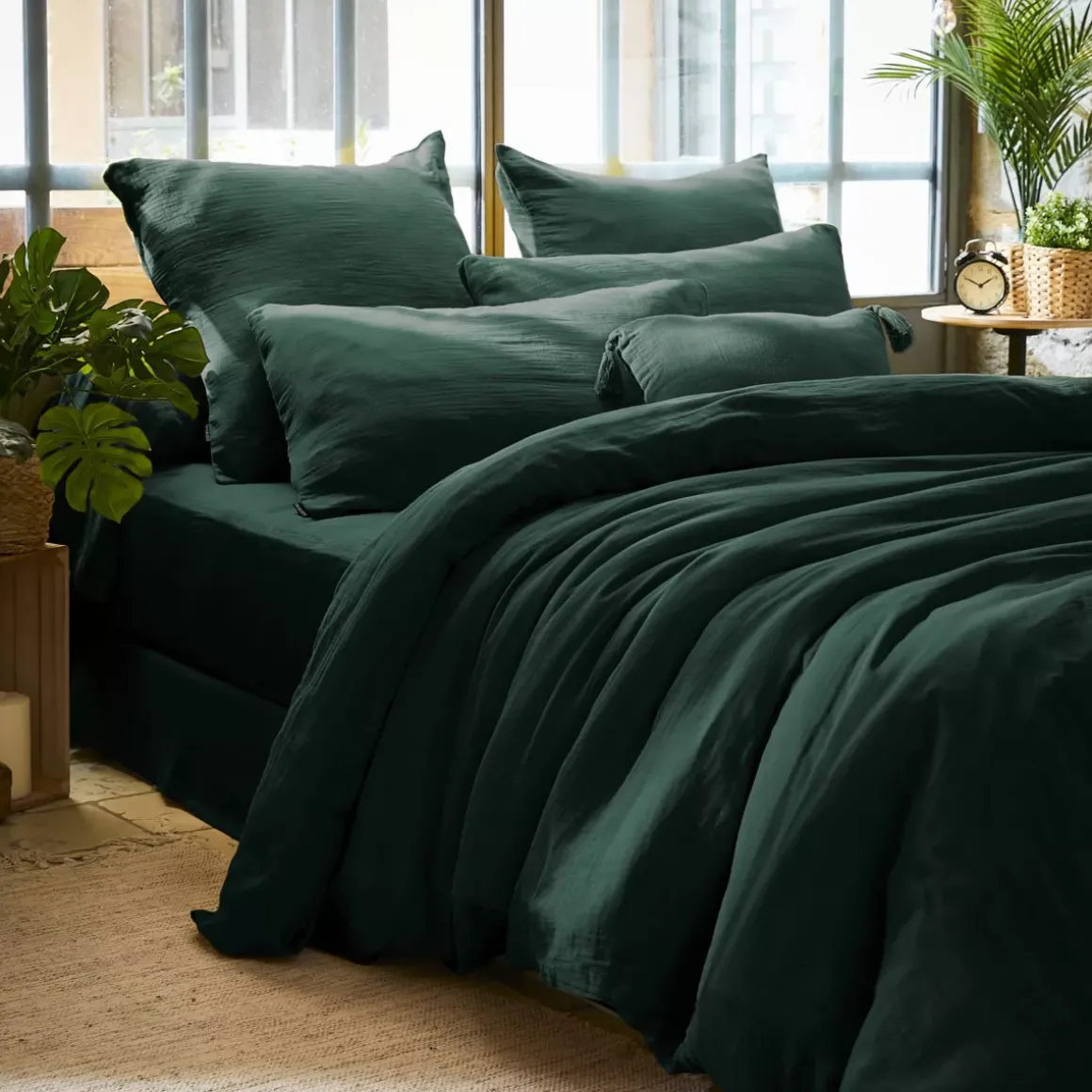 Federa quadrata garza di cotone (60 x 60 cm) Gaïa Verde abete