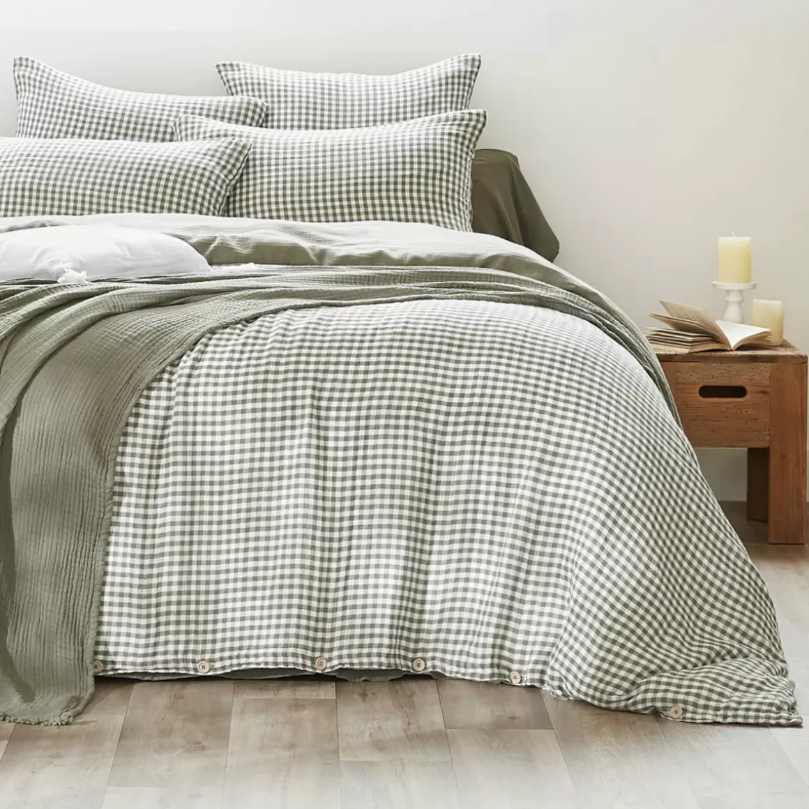Federa rettangolare garza di cotone (50 x 80 cm) Gaïa Vichy Verde rosmarino