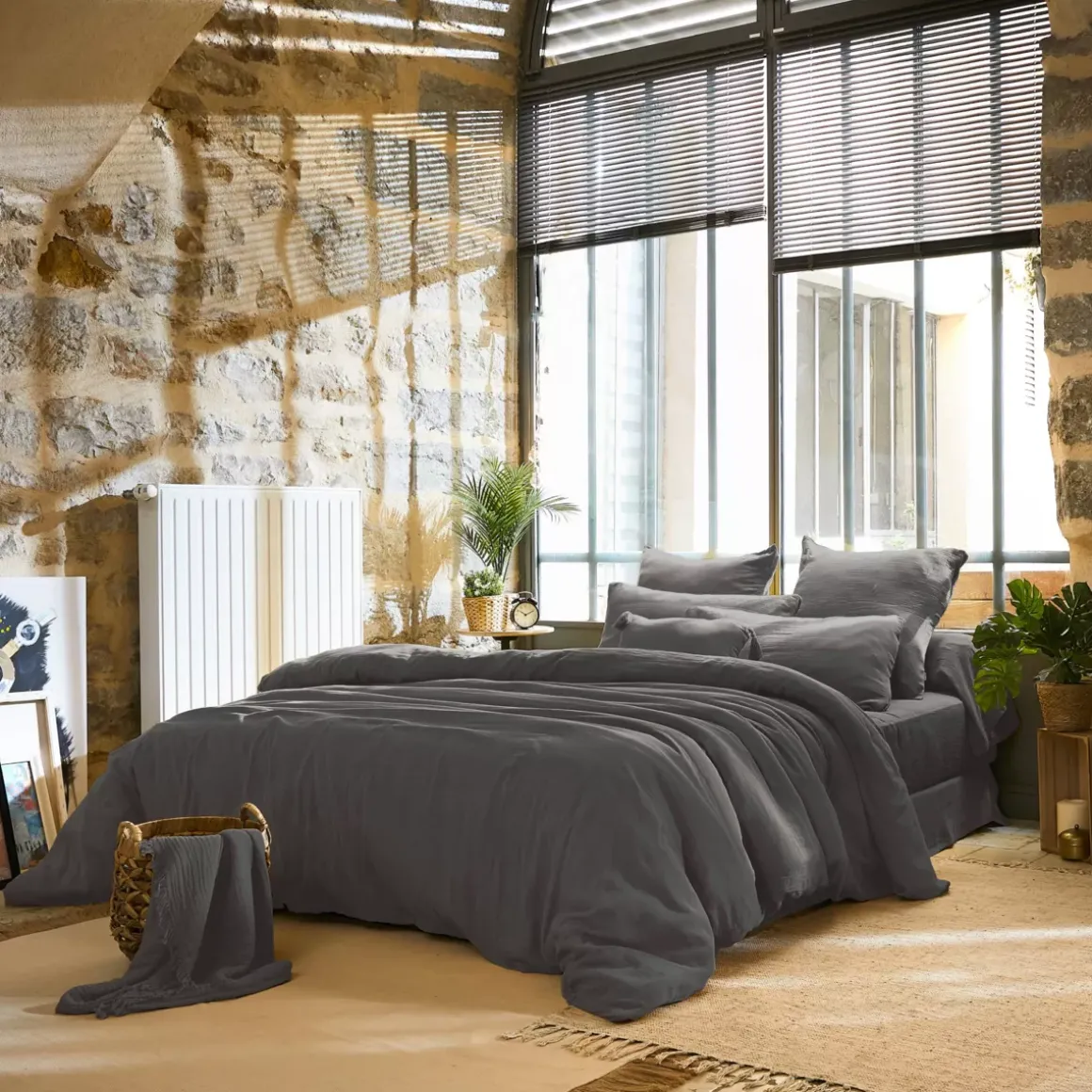 Lenzuolo sopra garza di cotone (270 x 300 cm) Gaïa Grigio granito