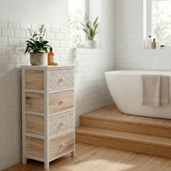 TENDANCE Contenitori Bagno|Mobili Bagno-Mobiletto bagno 4 cassetti in legno di paulownia (86 x 37 cm) Stile Bohémien