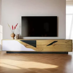 EMINZA Mobile Tv-Mobile TV in design (180 x 40 cm) Florida Bianco, nero e naturale