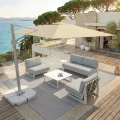 MOBELLIA Ombrelloni Da Giardino-Ombrellone decentrato quadrato in alluminio con base (3 x 3 m) Elyra Bianco e Beige
