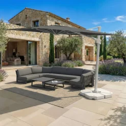 MOBELLIA Ombrelloni Da Giardino-Ombrellone decentrato quadrato in alluminio con base (3 x 3 m) Elyra Bianco e Grigio
