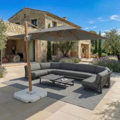MOBELLIA Ombrelloni Da Giardino-Ombrellone decentrato quadrato in alluminio con base (3 x 3 m) Elyra effetto legno e Antracite