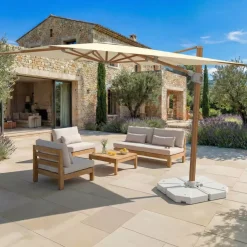 MOBELLIA Ombrelloni Da Giardino-Ombrellone decentrato quadrato in alluminio con base (3 x 3 m) Elyra effetto legno e Beige
