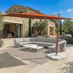 MOBELLIA Ombrelloni Da Giardino-Ombrellone decentrato quadrato in alluminio con base (3 x 3 m) Elyra effetto legno e Terracotta