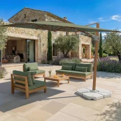 MOBELLIA Ombrelloni Da Giardino-Ombrellone decentrato quadrato in alluminio con base (3 x 3 m) Elyra effetto legno e Verde oliva
