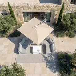MOBELLIA Ombrelloni Da Giardino-Ombrellone decentrato quadrato in alluminio con base (3 x 3 m) Elyra Metallico lucido e Beige