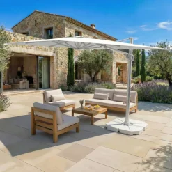 MOBELLIA Ombrelloni Da Giardino-Ombrellone decentrato quadrato in alluminio con base (3 x 3 m) Elyra Metallico lucido e Bianco