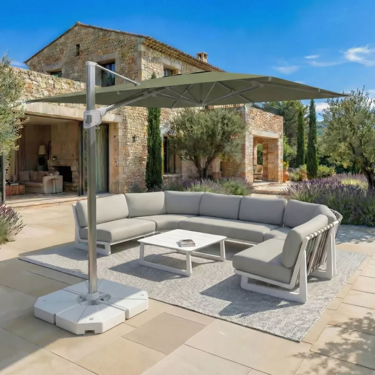 MOBELLIA Ombrelloni Da Giardino-Ombrellone decentrato quadrato in alluminio con base (3 x 3 m) Elyra Metallico lucido e Verde oliva