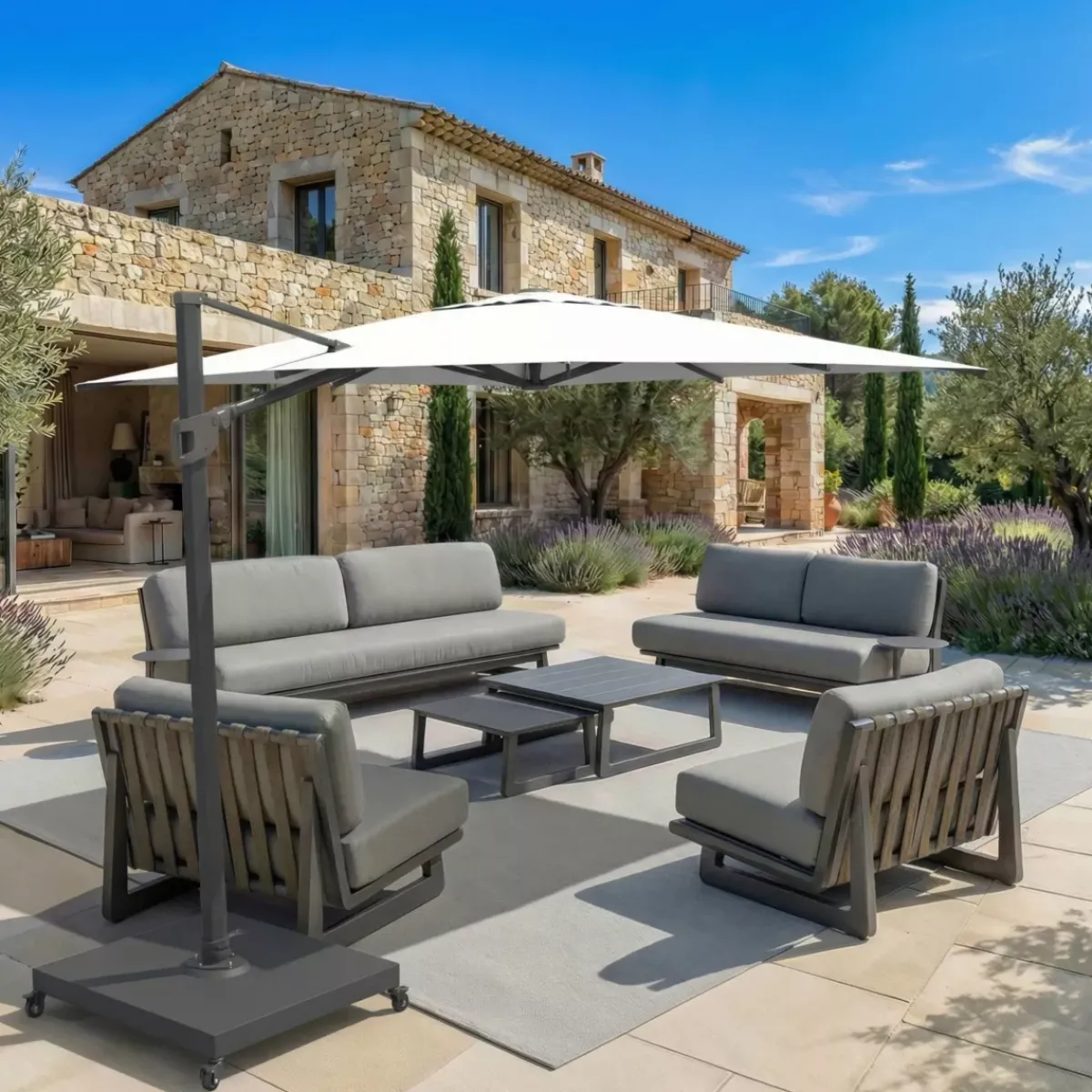 MOBELLIA Ombrelloni Da Giardino-Ombrellone decentrato quadrato in alluminio con base (3 x 3 m) Elyra Antracite e Bianco