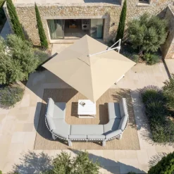 MOBELLIA Ombrelloni Da Giardino-Ombrellone decentrato quadrato in alluminio con base (3 x 3 m) Elyra Bianco e Beige