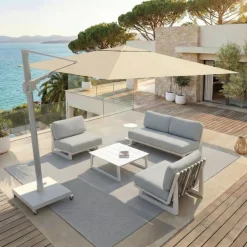 MOBELLIA Ombrelloni Da Giardino-Ombrellone decentrato quadrato in alluminio con base (3 x 3 m) Elyra Bianco e Beige
