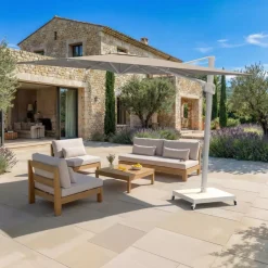 MOBELLIA Ombrelloni Da Giardino-Ombrellone decentrato quadrato in alluminio con base (3 x 3 m) Elyra Bianco e Tortora