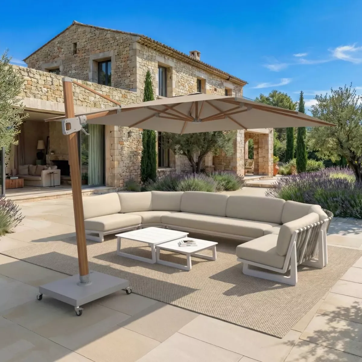 MOBELLIA Ombrelloni Da Giardino-Ombrellone decentrato quadrato in alluminio con base (3 x 3 m) Elyra effetto legno e Tortora