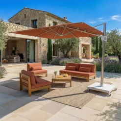 MOBELLIA Ombrelloni Da Giardino-Ombrellone decentrato quadrato in alluminio con base (3 x 3 m) Elyra Metallico lucido e Terracotta