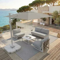 MOBELLIA Ombrelloni Da Giardino-Ombrellone decentrato rettangolare in alluminio con base (3 x 4 m) Elyra Bianco e Grigio