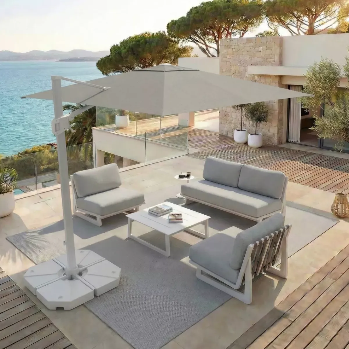 MOBELLIA Ombrelloni Da Giardino-Ombrellone decentrato rettangolare in alluminio con base (3 x 4 m) Elyra Bianco e Grigio