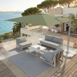 MOBELLIA Ombrelloni Da Giardino-Ombrellone decentrato rettangolare in alluminio con base (3 x 4 m) Elyra Bianco e Verde oliva