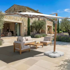 MOBELLIA Ombrelloni Da Giardino-Ombrellone decentrato rettangolare in alluminio con base (3 x 4 m) Elyra effetto legno e Bianco
