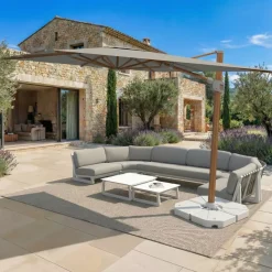 MOBELLIA Ombrelloni Da Giardino-Ombrellone decentrato rettangolare in alluminio con base (3 x 4 m) Elyra effetto legno e Grigio