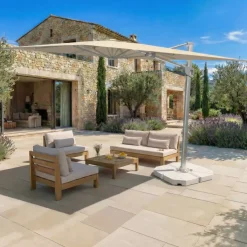 MOBELLIA Ombrelloni Da Giardino-Ombrellone decentrato rettangolare in alluminio con base (3 x 4 m) Elyra Metallico lucido e Beige