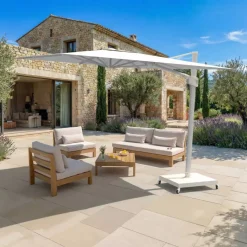 MOBELLIA Ombrelloni Da Giardino-Ombrellone decentrato rettangolare in alluminio con base (3 x 4 m) Elyra Bianco