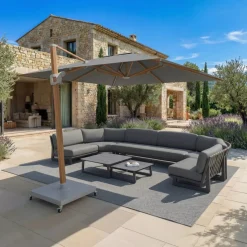 MOBELLIA Ombrelloni Da Giardino-Ombrellone decentrato rettangolare in alluminio con base (3 x 4 m) Elyra effetto legno e Antracite
