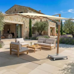 MOBELLIA Ombrelloni Da Giardino-Ombrellone decentrato rettangolare in alluminio con base (3 x 4 m) Elyra effetto legno e Beige