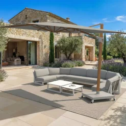 MOBELLIA Ombrelloni Da Giardino-Ombrellone decentrato rettangolare in alluminio con base (3 x 4 m) Elyra effetto legno e Grigio