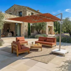 MOBELLIA Ombrelloni Da Giardino-Ombrellone decentrato rettangolare in alluminio con base (3 x 4 m) Elyra effetto legno e Terracotta