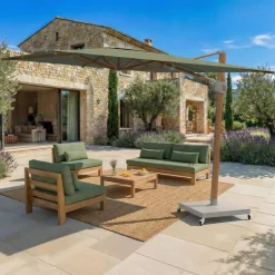 MOBELLIA Ombrelloni Da Giardino-Ombrellone decentrato rettangolare in alluminio con base (3 x 4 m) Elyra effetto legno e Verde oliva