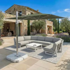 MOBELLIA Ombrelloni Da Giardino-Ombrellone decentrato rettangolare in alluminio con base (3 x 4 m) Elyra Metallico lucido e Verde oliva
