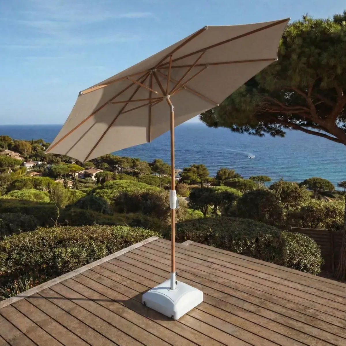 MOBELLIA Ombrelloni Da Giardino-Ombrellone rotondo in alluminio (D3,3 m) Elyra effetto legno e Tortora