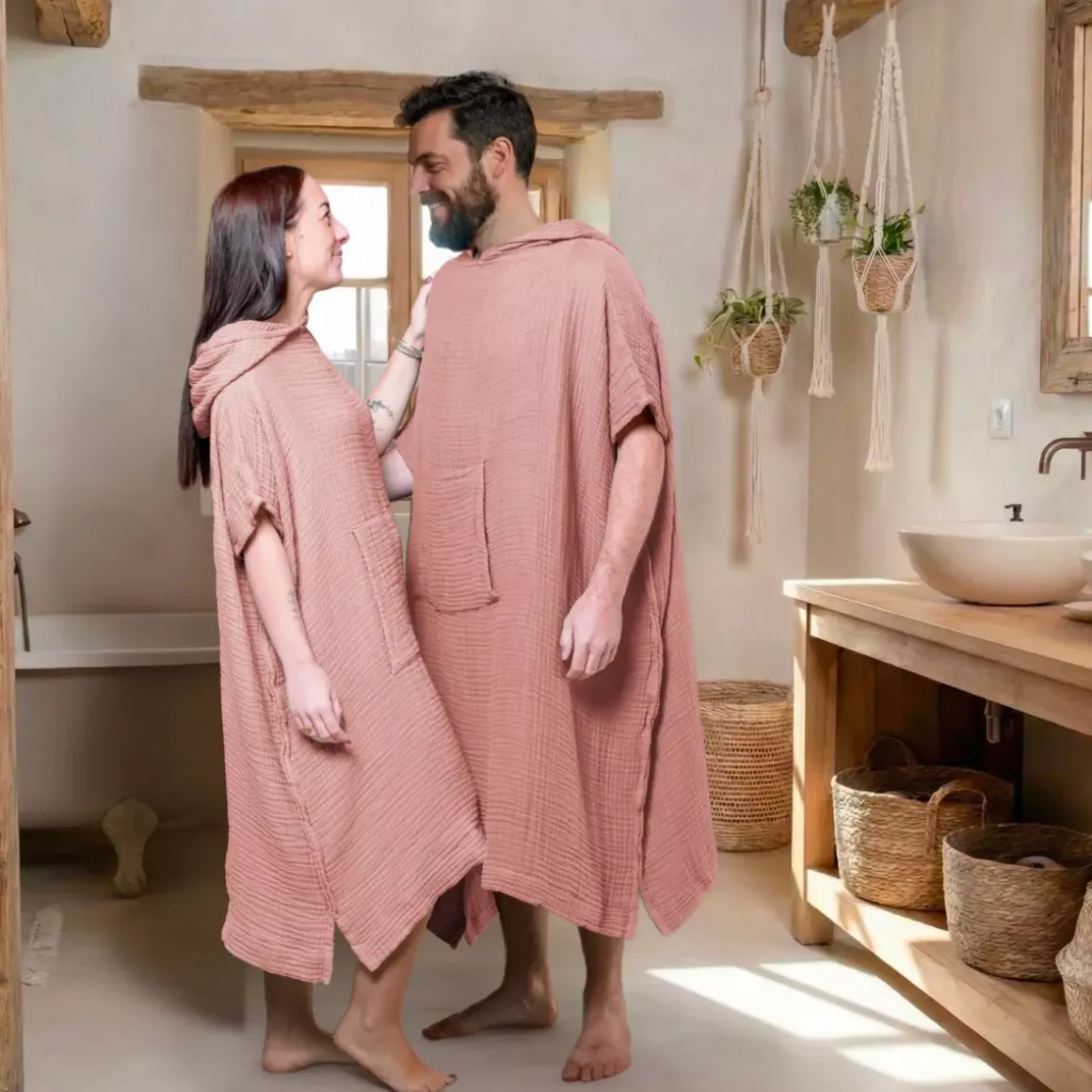 Poncho adulto in garza di cotone S/M Gaïa Pesca Rosa