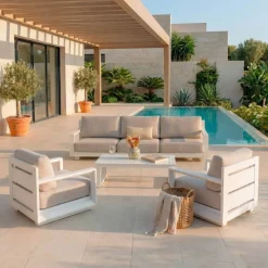 MOBELLIA Salotto Da Giardino-Salotto da giardino alluminio 5 posti 4 pezzi Elba Bianco e tortora