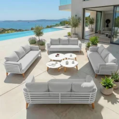 MOBELLIA Salotto Da Giardino-Salotto da giardino alluminio 12 posti 8 pezzi Monte Carlo Bianco e grigio chiaro