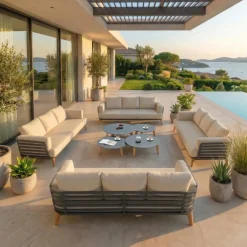 MOBELLIA Salotto Da Giardino-Salotto da giardino alluminio 12 posti 8 pezzi Monte Carlo Grigio chiaro e beige