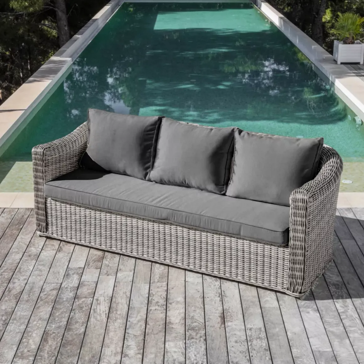 Salotto da giardino in resina intrecciata 5 posti 4 pezzi Calvi Grigio e grigio scuro